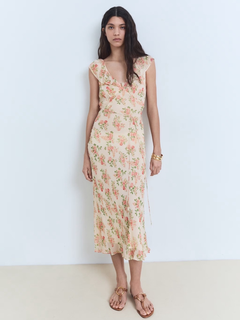 Mango Cream Floral Midi Dress with bow NWT